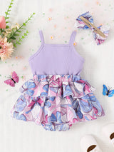 Baby Girl Summer Butterfly Print Combination Vest And Bow+Headband Two-Piece Set, for Outdoor