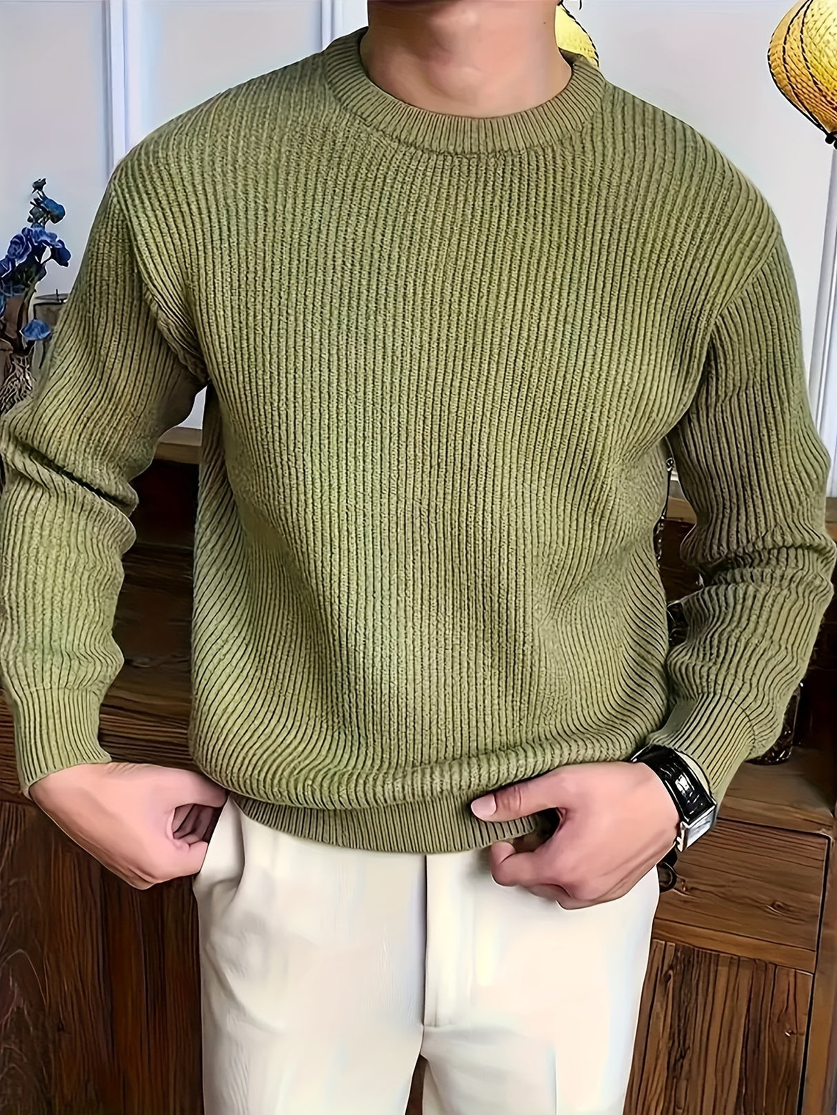 Cozy Solid Color Crew Neck Sweater for Men - Long Sleeve Pullover Tops for Spring and Fall - Soft, Breathable, and Versatile Casual Wear