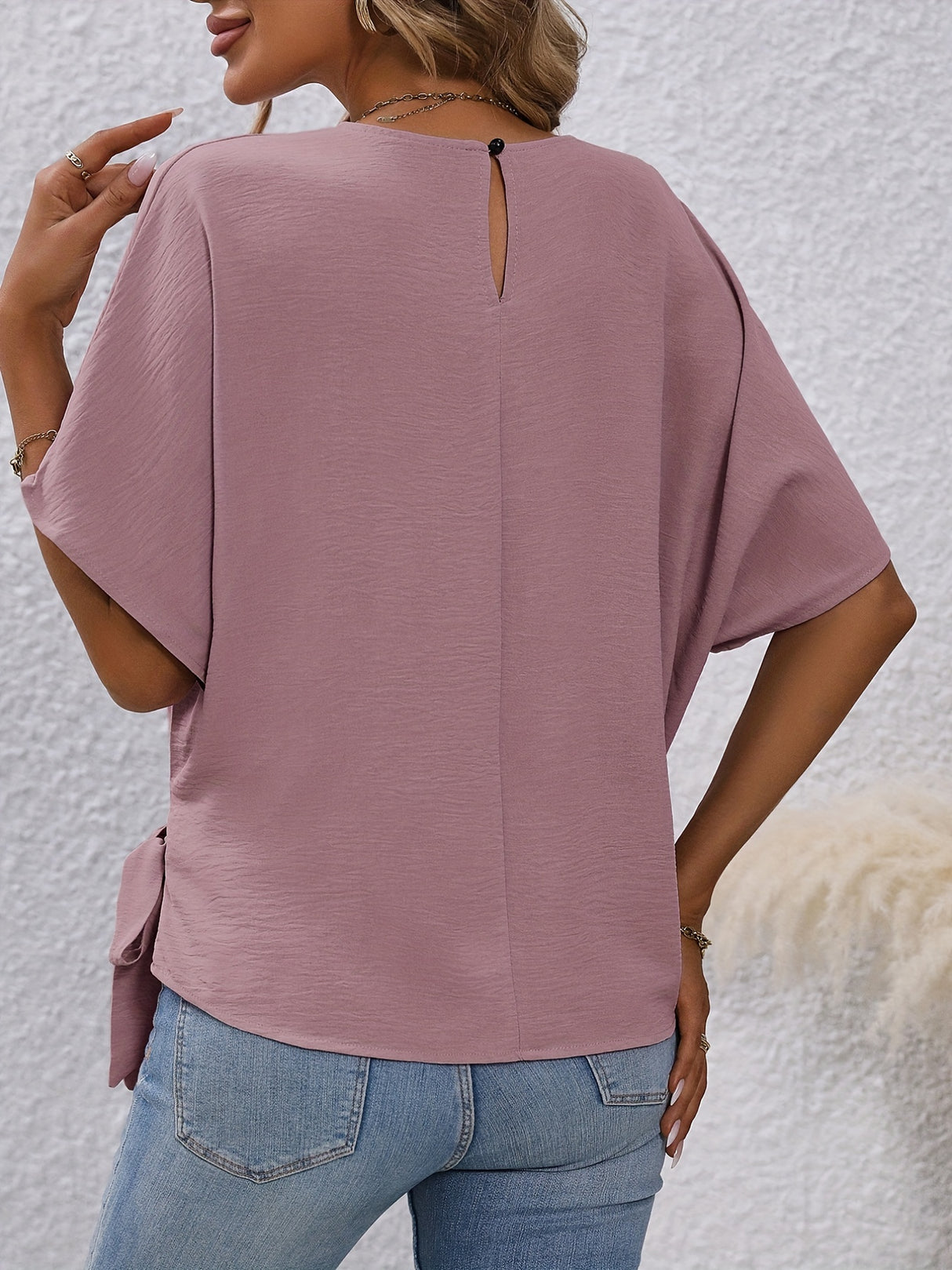 Solid Knotted Blouse, Casual Crew Neck Asymmetrical Blouse, Women's Clothing