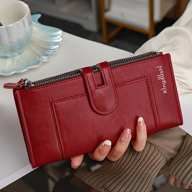 Double Zipper Long Wallet, Foldable PU Leather Coin Purse, Multi Card Slots Clutch Bag