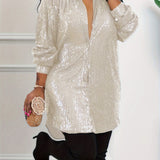 Plus Size Glamour - Sequined, Long Sleeve, Turn Down Collar, Button Up Shirt Dress for Women - Perfect for Party, Evening, and Formal Occasions