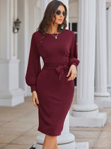 Solid Color Crew Neck Dress, Elegant Long Sleeve Belt Bag Hip Zipper Back Dress For Winter & Fall, Women's Clothing