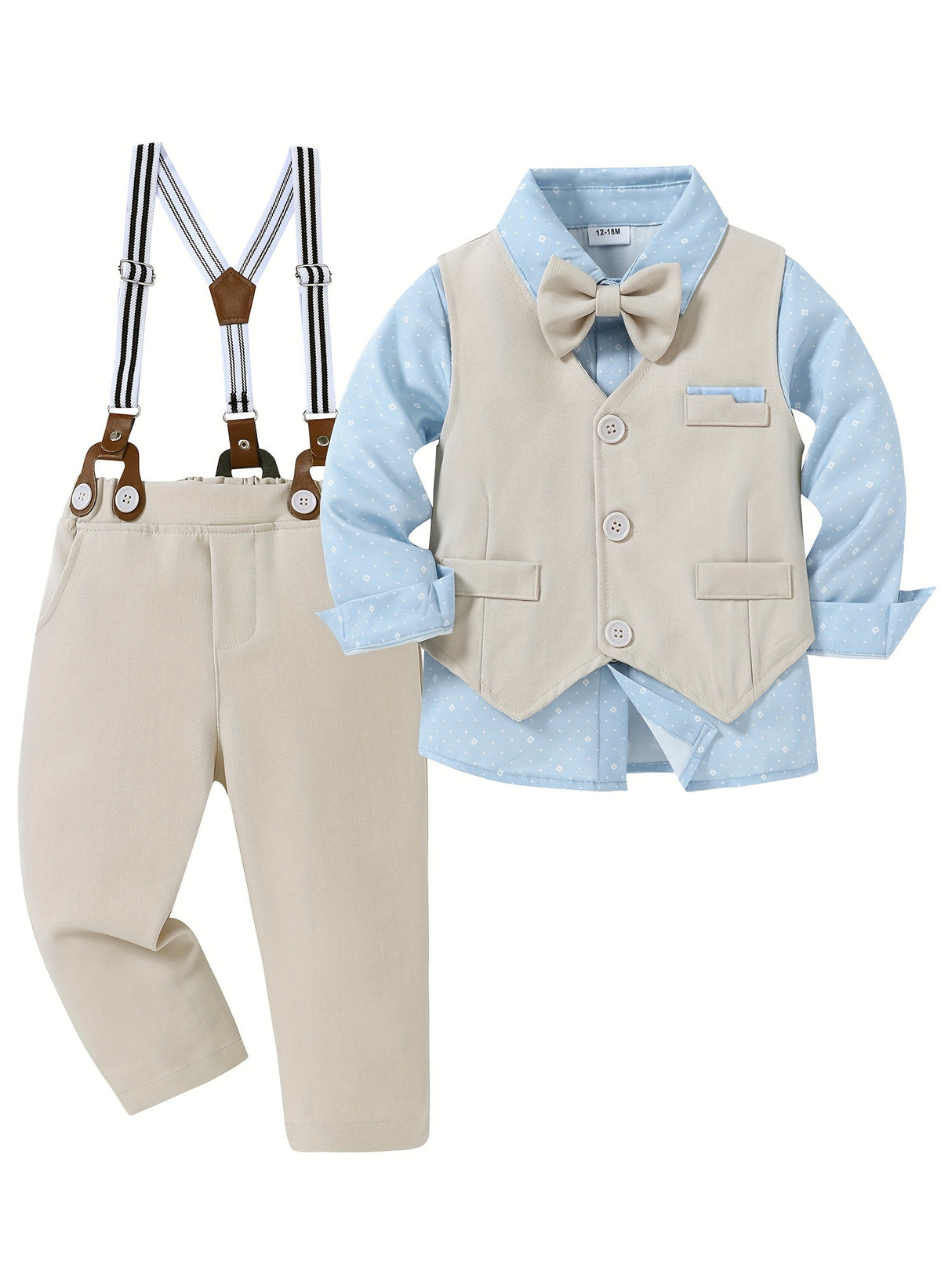 4pcs Toddler Boys Gentleman Outfit Set - Cotton Blend Long Sleeve Shirt, Bowtie, Vest, Suspender Pants with Floral Pattern for Wedding Party - All-Season Regular Fit, Woven Fabric, Single Breasted Lapel Collar, 5.0% Spandex,