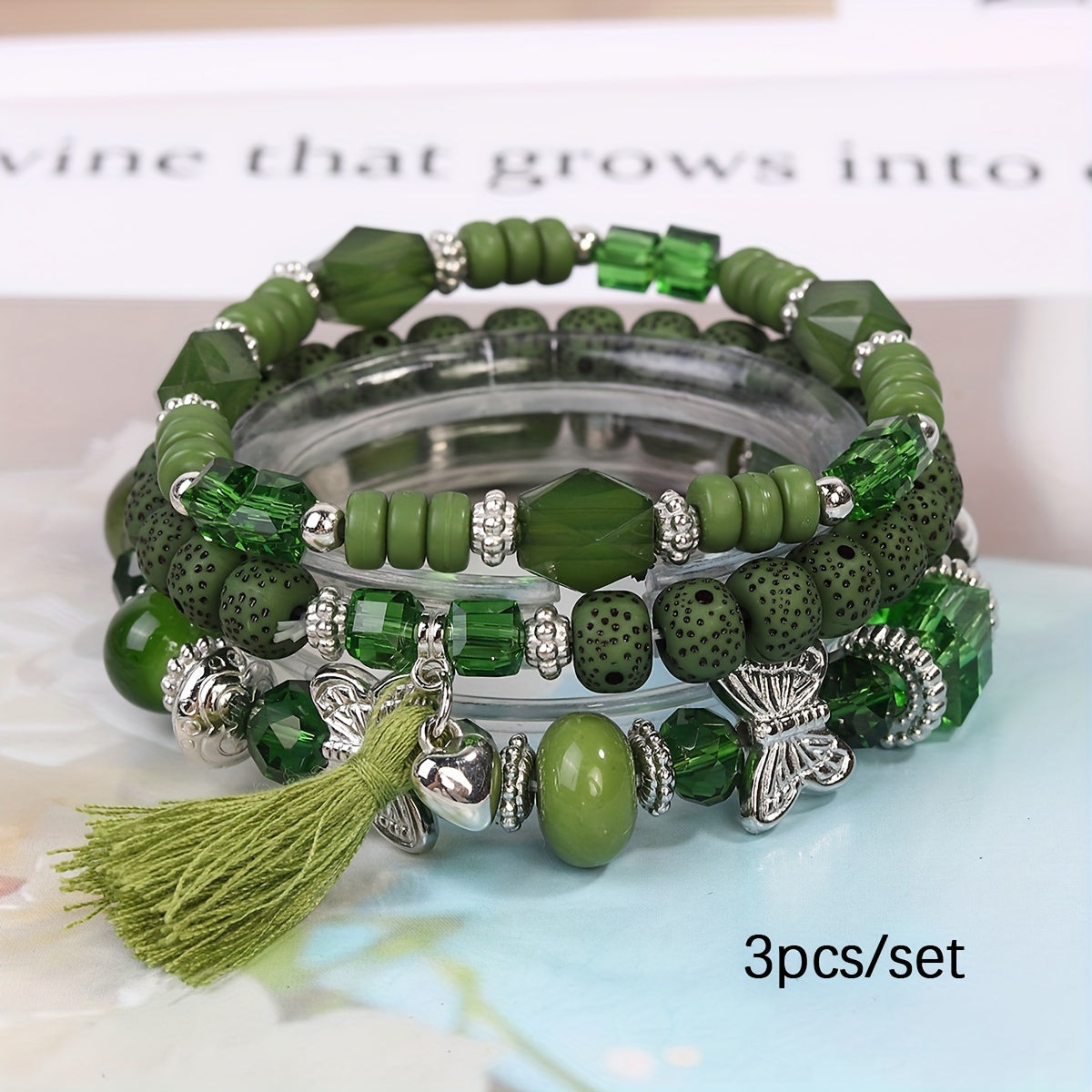 3pcs/set Vibrant Bohemian Butterfly Pendant Tassel Beaded Elastic Multi-Layer Acrylic Bracelets - Stylish Boho Accessories for Men and Women - Perfect Daily Decoration, Gift for Family, Friends, Boyfriends, and Girlfriends on