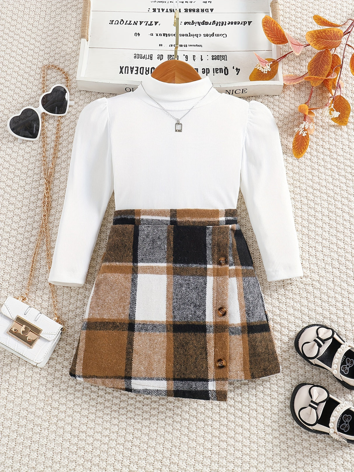 Girl's Elegant 2pcs, Ribbed Long Sleeve Top & Skirt Set, Button Decor Plaid Print Casual Outfits, Kids Clothes For Spring Autumn