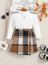 Girl's Elegant 2pcs, Ribbed Long Sleeve Top & Skirt Set, Button Decor Plaid Print Casual Outfits, Kids Clothes For Spring Autumn