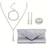 Elegant Bridal Jewelry Set - European & American Style, Simple Design Necklace, Earrings, Ring & Bracelet with Evening Clutch Bag - Perfect for Wedding/Formal Events Gifts For Eid