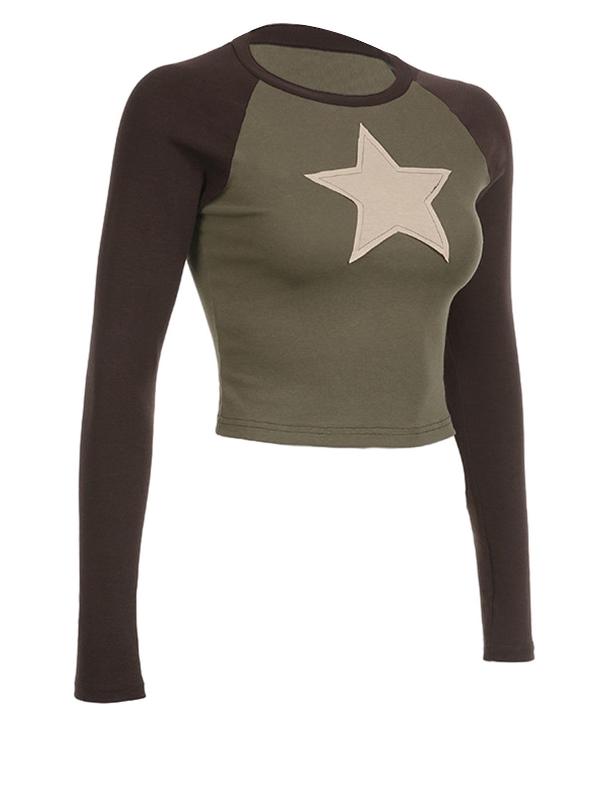 Women Short T-shirt Long Sleeve Crew Neck Star Patchwork Slim Fit Spring Fall Crop Tops Streetwear