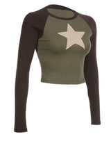 Women Short T-shirt Long Sleeve Crew Neck Star Patchwork Slim Fit Spring Fall Crop Tops Streetwear