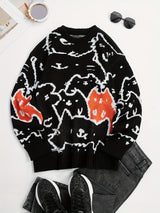 Cute Cats Pattern Knitted Sweater, Men's Casual Warm Slightly Stretch Crew Neck Pullover Sweater For Men Fall Winter