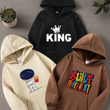 3pcs KING & BUILT DIFFERENT & Astronaut Print Boys Warm Fleece Hoodies, Long Sleeve Sweatshirt Top, Trendy Style, Boys Clothes For Spring Fall Winter