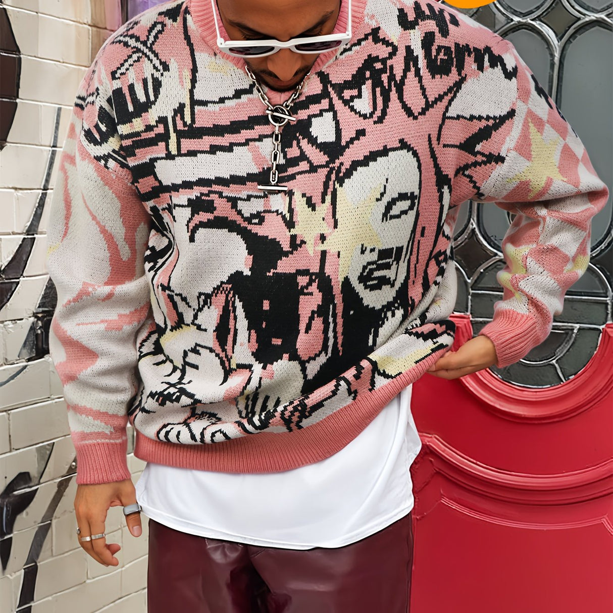ANDREILEE Street Style Knit Pullover Sweater for Men - Crew Neck, Long Sleeve, Cartoon Pattern, Viscose Blend, Medium Stretch, Regular Fit, Casual Hip-Hop Fall/Winter Knitted Jumper - For Men - Suitable for Fall/Winter - Perf