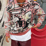 ANDREILEE Street Style Knit Pullover Sweater for Men - Crew Neck, Long Sleeve, Cartoon Pattern, Viscose Blend, Medium Stretch, Regular Fit, Casual Hip-Hop Fall/Winter Knitted Jumper - For Men - Suitable for Fall/Winter - Perf