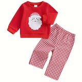 Toddler Boys Christmas Outfits Santa/Truck Embroidery Long Sleeve Sweatshirts and Plaid Long Pants 2Pcs Clothes Set