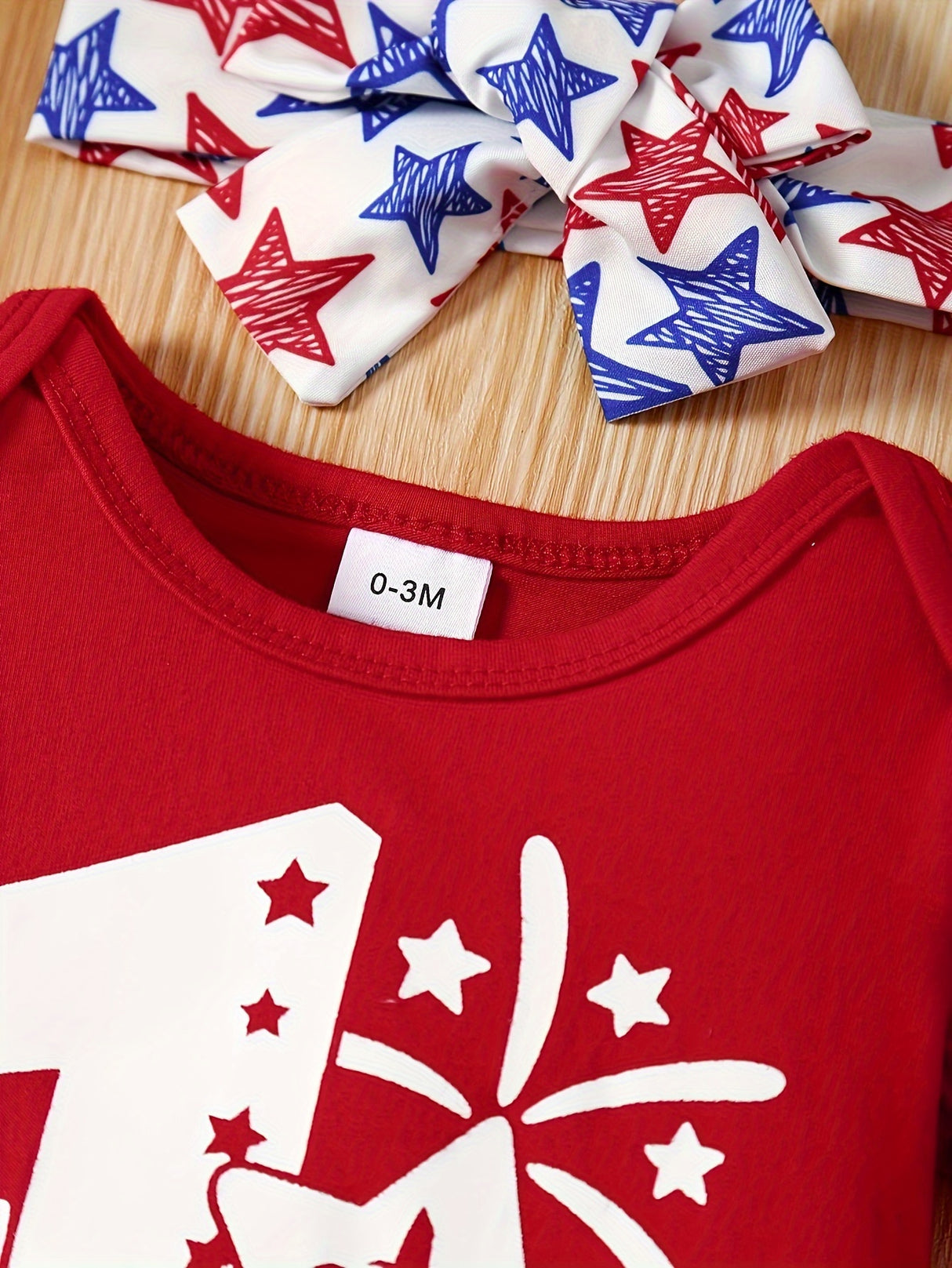 3pcs Baby Girl Summer "My First Independence Day" Embroidered Shoulder Short Sleeve Khaki + Star Full Print Lace Shorts Hair Band Set of Three