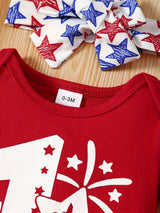 3pcs Baby Girl Summer "My First Independence Day" Embroidered Shoulder Short Sleeve Khaki + Star Full Print Lace Shorts Hair Band Set of Three