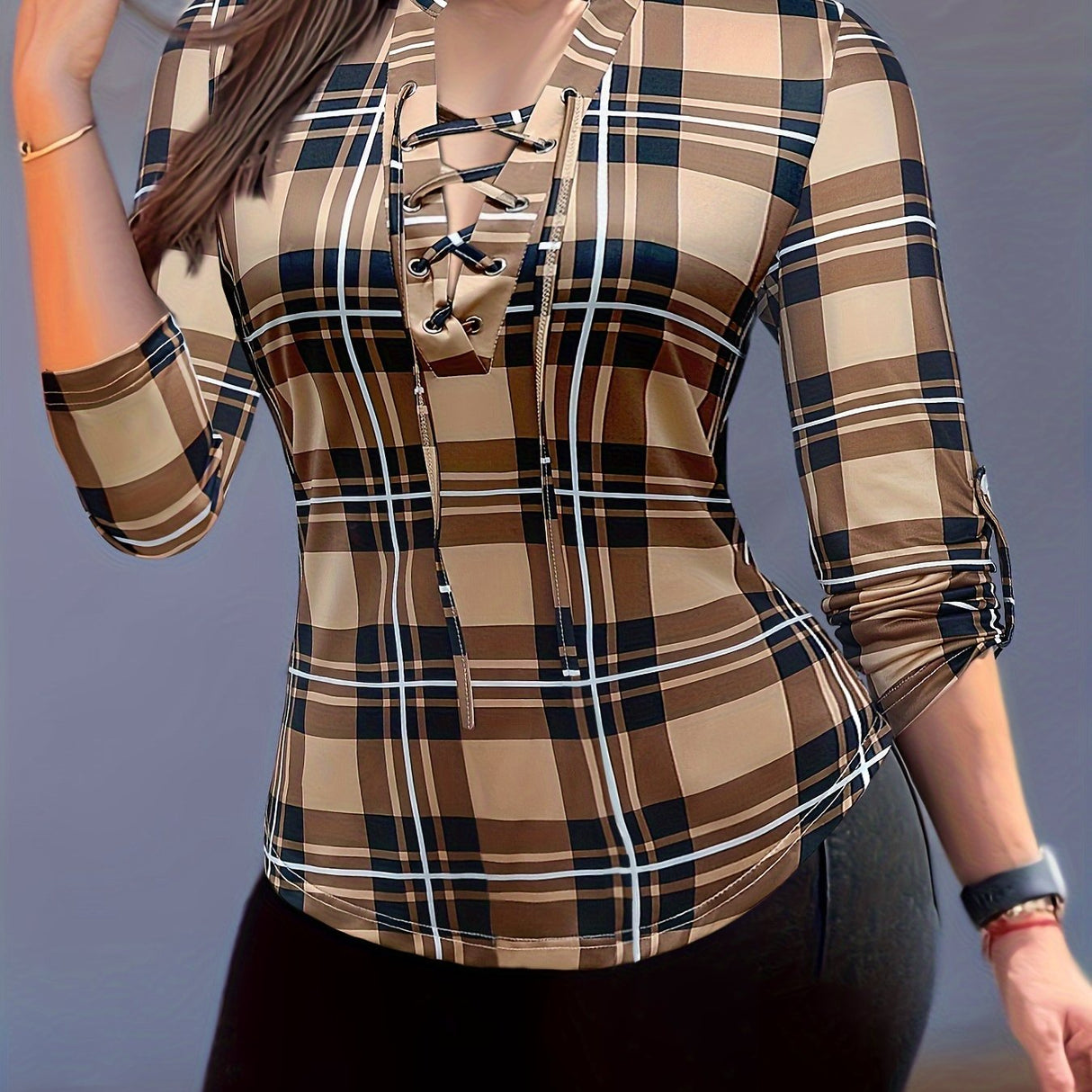 Casual Long Sleeve V Neck Plaid Print Drawstring Blouse - Women's Clothing