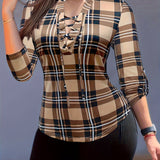 Casual Long Sleeve V Neck Plaid Print Drawstring Blouse - Women's Clothing