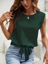 Chic Keyhole Back Tie Front Blouse - Effortless Casual Style with Classic Crew Neck Design - Perfect for Womens Spring and Summer Fashion