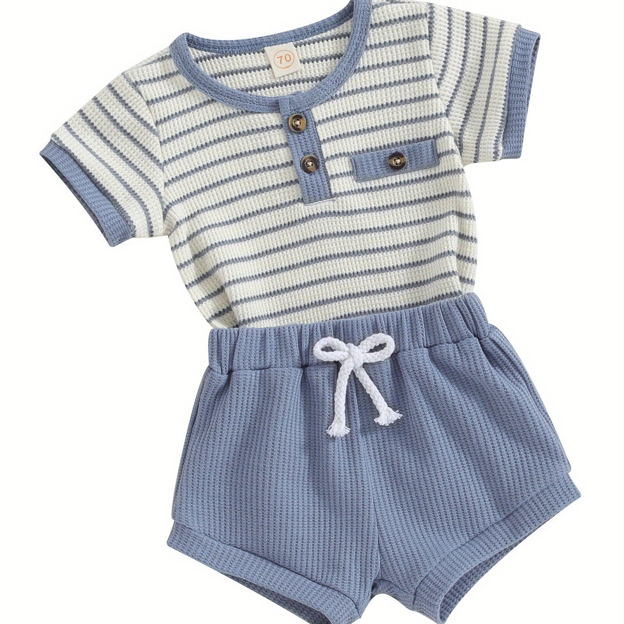 2pcs Infant Toddler Boys' Summer Outfit Set, Cotton Blend Striped T-Shirt with Button Detail & Elastic Waist Shorts, Casual Crew Neck Knit Fabric Romper and Shorts Combo, for Outdoor, Perfect for Outdoor
