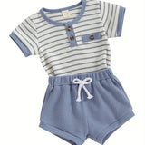 2pcs Infant Toddler Boys' Summer Outfit Set, Cotton Blend Striped T-Shirt with Button Detail & Elastic Waist Shorts, Casual Crew Neck Knit Fabric Romper and Shorts Combo, for Outdoor, Perfect for Outdoor