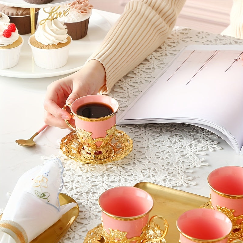 Sakura Train Set, Turkish Arabic Coffee Cups And Saucers, Espresso Cups With Saucer Plates And Spoons, Ceramic Tea Sets With Gift Box, 2.8 OZ (Golden)