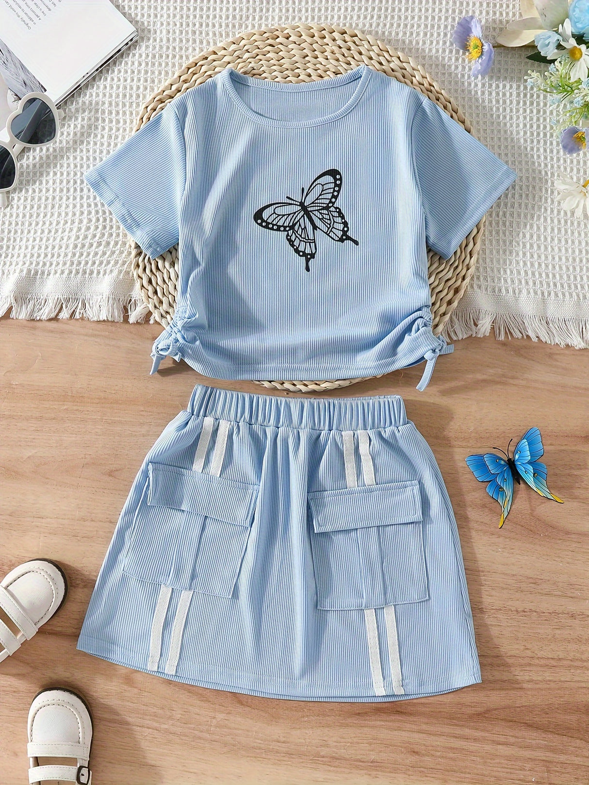 Girl's Trendy 2pcs, Drawstring T-shirt & Skirt Set, Butterfly Print Ribbed Short Sleeve Top, Casual Outfits, Kids Clothes For Summer