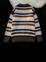 Cozy Striped Knit Sweater for Men - Casual Loose Fit, Color Block Design, Perfect for Fall/Winter