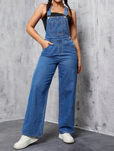 Womens Overalls Denim Straight Plain Washed Blue Jeans Overall Loose Fit Jean Jumpsuits Adjustable Straps
