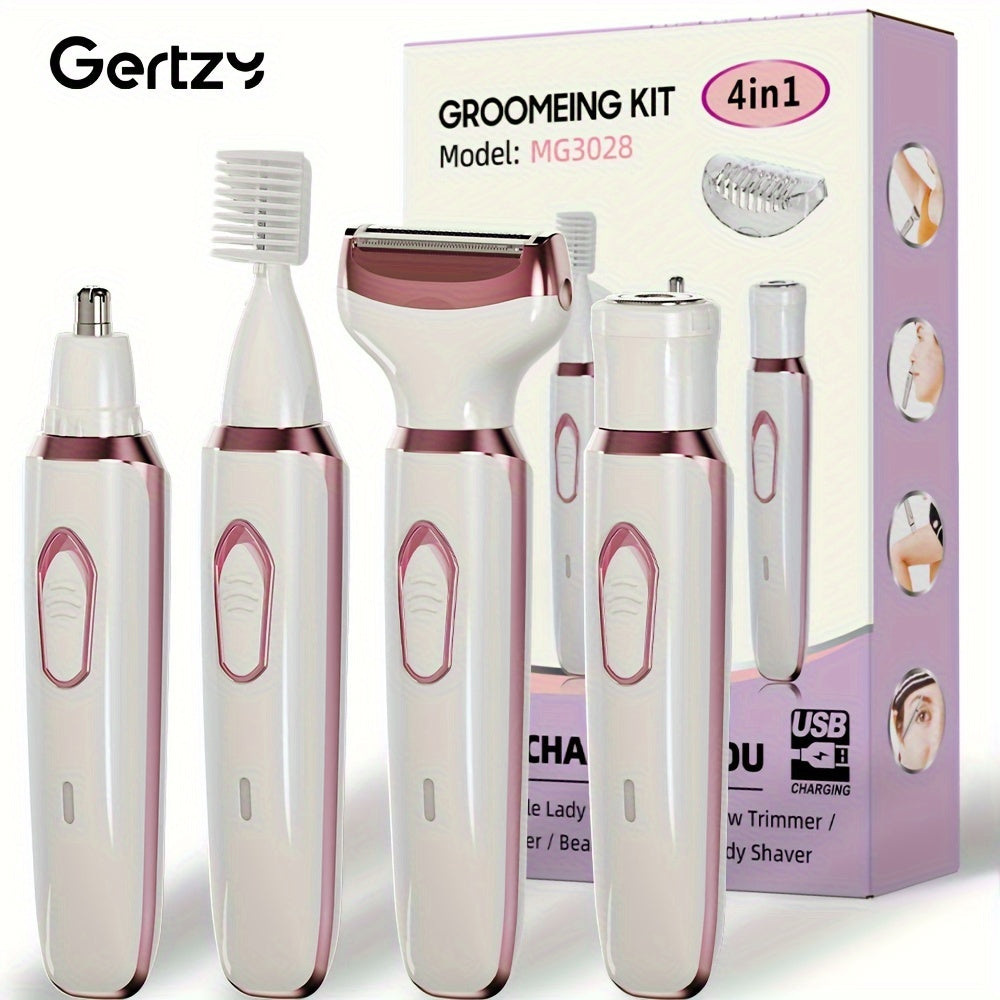 4-in-1 Rechargeable Electric Razor: Painless Wet & Dry Trimmer for Face, Nose, Legs, Underarm, Bikini - Portable Grooming Kit for Women