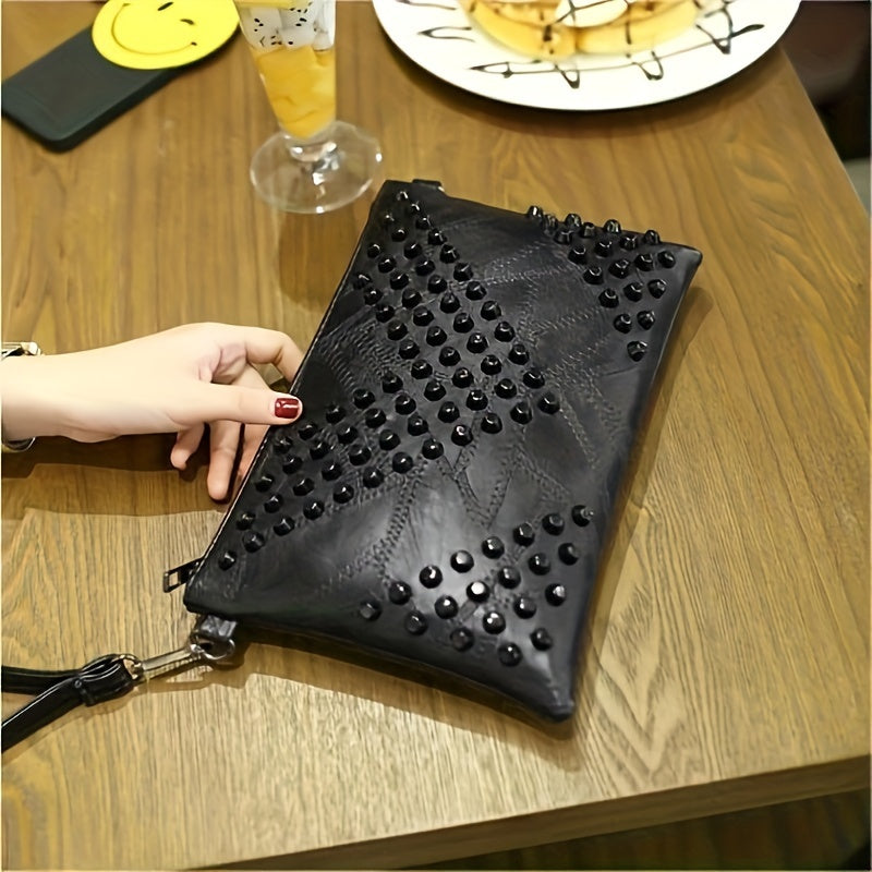 Trendy Punk Rivet Wristlet Clutch Bag for Women, Classic PU Leather Handbag