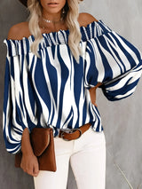 Chic Off Shoulder Striped Blouse - Fashionable Lantern Sleeves - Ultra-Comfortable Womens Casual Top