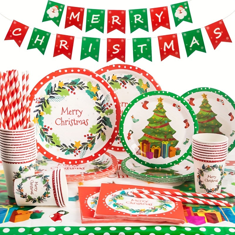122pcs Disposable Christmas Theme Tableware, Christmas Party Decoration With Paper Plates, Napkins, Paper Cups, Straws, Tablecloths And Flags, Xmas Holiday Theme Tableware Supplies& Decoration (Mistletoe Pattern, For 24 Peopl
