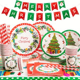 122pcs Disposable Christmas Theme Tableware, Christmas Party Decoration With Paper Plates, Napkins, Paper Cups, Straws, Tablecloths And Flags, Xmas Holiday Theme Tableware Supplies& Decoration (Mistletoe Pattern, For 24 Peopl