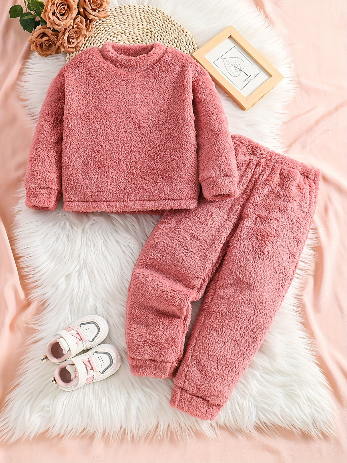 2pc Double-sided Fleece Sets, Solid Top & Jogger Pants Kids Clothes For Toddler Girls Fall Winter Outdoor