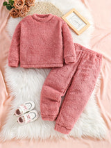2pc Double-sided Fleece Sets, Solid Top & Jogger Pants Kids Clothes For Toddler Girls Fall Winter Outdoor