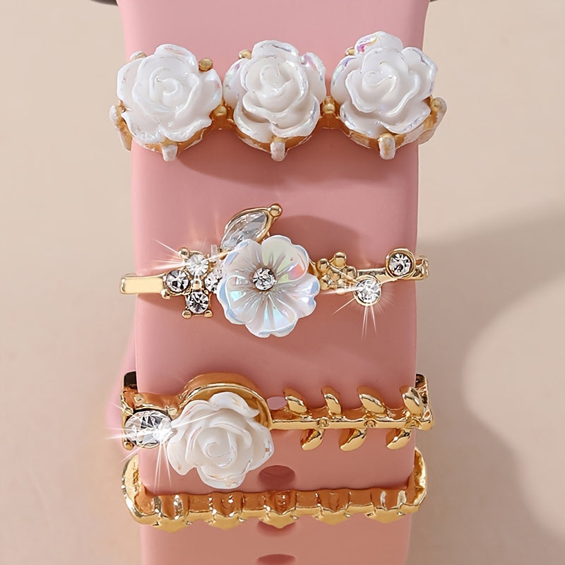 4 Pcs Elegant Flower Shaped Rhinestone Watch Band Charms - Decorative Clips in Golden Zinc Alloy with Cute Style - Perfect Accessories for Women's Watches