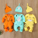 6pcs/set Newborn Baby Boy Footed Suit with Long Sleeves Cartoon Animal Print 3pcs Onesie and 3pcs Hat Set, Perfect for Outdoor