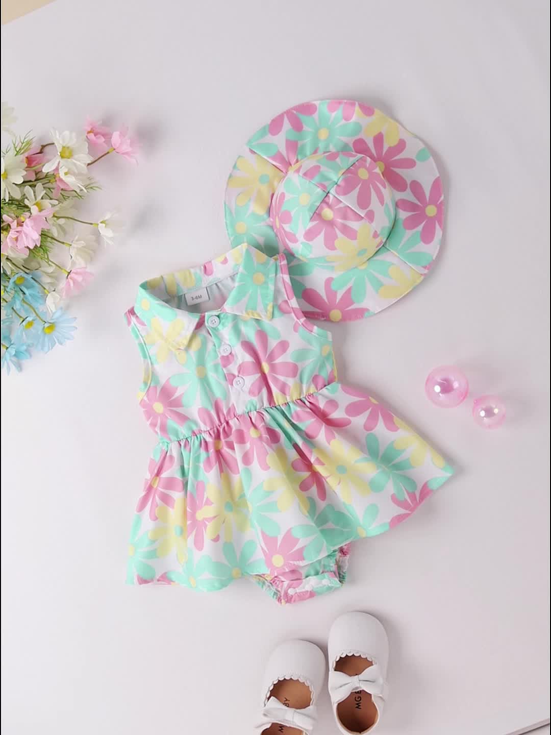 2 pieces of baby girl summer new floral full print lapel cardigan sleeveless jumpsuit+beach sun hat set
