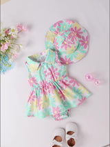 2 pieces of baby girl summer new floral full print lapel cardigan sleeveless jumpsuit+beach sun hat set