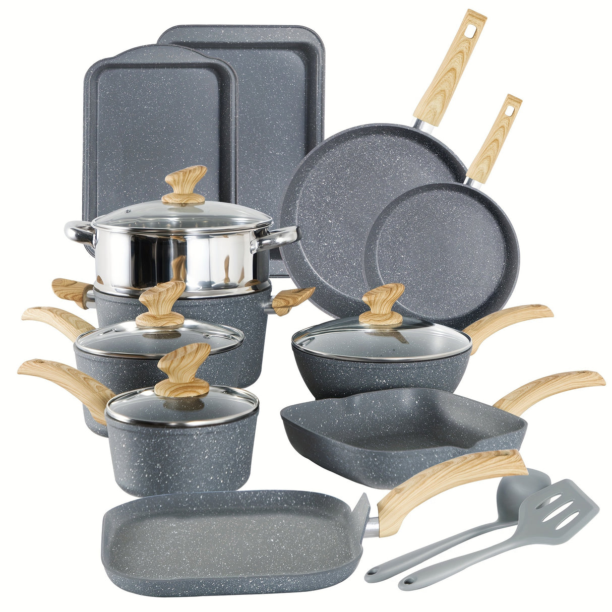 Mix Patio 17 Pieces Induction Cookware Set, Green Granite Pots And Pans Set, Nonstick Cooking Pans Set (Blue-grey)