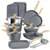 Mix Patio 17 Pieces Induction Cookware Set, Green Granite Pots And Pans Set, Nonstick Cooking Pans Set (Blue-grey)