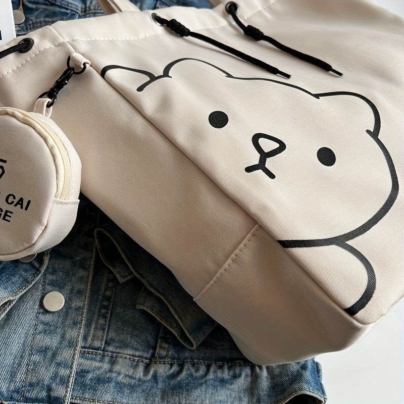 Simple Cartoon Bear Canvas Shoulder Bag, Versatile All-Match Tote Bag With Mini Coin Purse