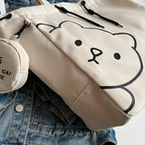 Simple Cartoon Bear Canvas Shoulder Bag, Versatile All-Match Tote Bag With Mini Coin Purse