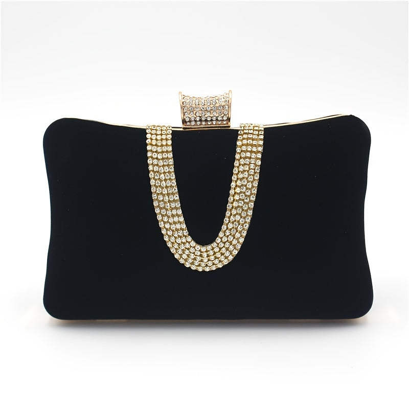 Luxurious Large Capacity U-Shaped Rhinestone Clutch Bag - Sparkling Evening Bag with Buckle Closure, Polyester Lining, and Solid Color Pattern - Perfect for Banquet and Formal Occasions