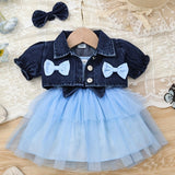 Baby Girl Outfit Denim Head Knot+Denim Short -Sleeved Jacket+Sling Mesh Skirt with 3 - 24 Months, Perfect for Outdoor