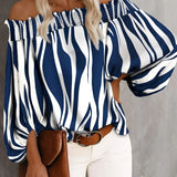 Chic Off Shoulder Striped Blouse - Fashionable Lantern Sleeves - Ultra-Comfortable Womens Casual Top