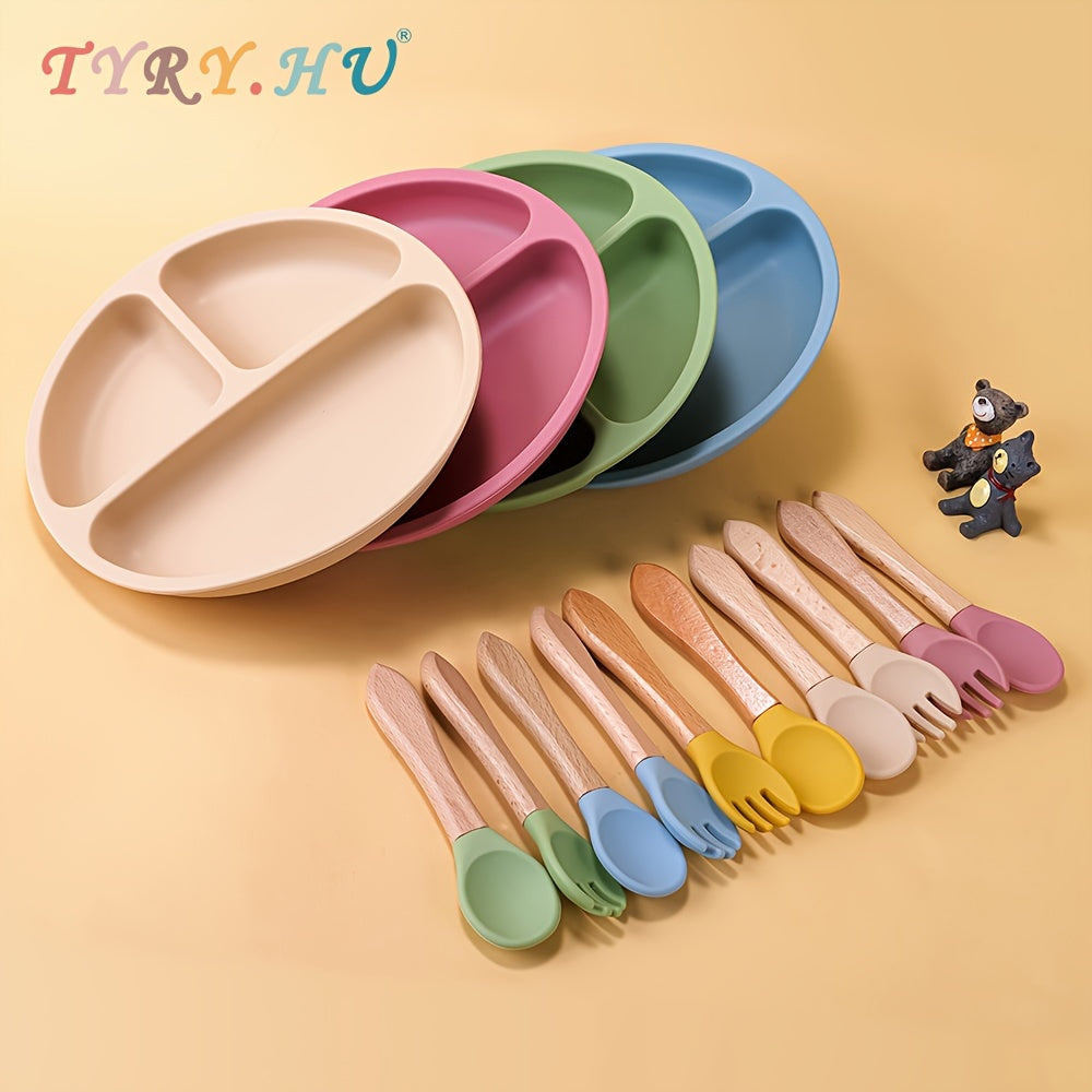 TYRY.HU 3pcs Baby Feeding Set Made of 100% Silicone, Featuring a Divided Suction Plate, Ideal for Baby-Led Weaning, Including Plates And Utensils, Suitable for Outdoor Dining, Camping, And As Gifts for Christmas, Halloween, A