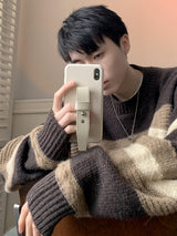 1pc Korean Style Cozy Fleece-Lined Crew Neck Sweater for Men - Casual Polyester Striped Pullover with Contrasting Colors, Loose Fit, Thermal Insulation, Knitted Fabric, Adult - Fall/Winter Essential