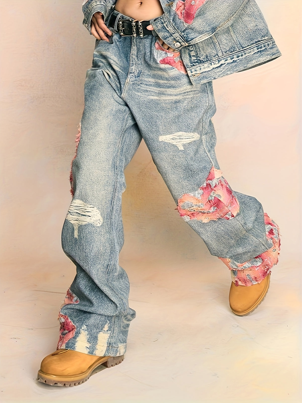 High Street Hip-hop Flared Jeans For Men And Women Summer Street Design LaceSplicing Mopping Pants
